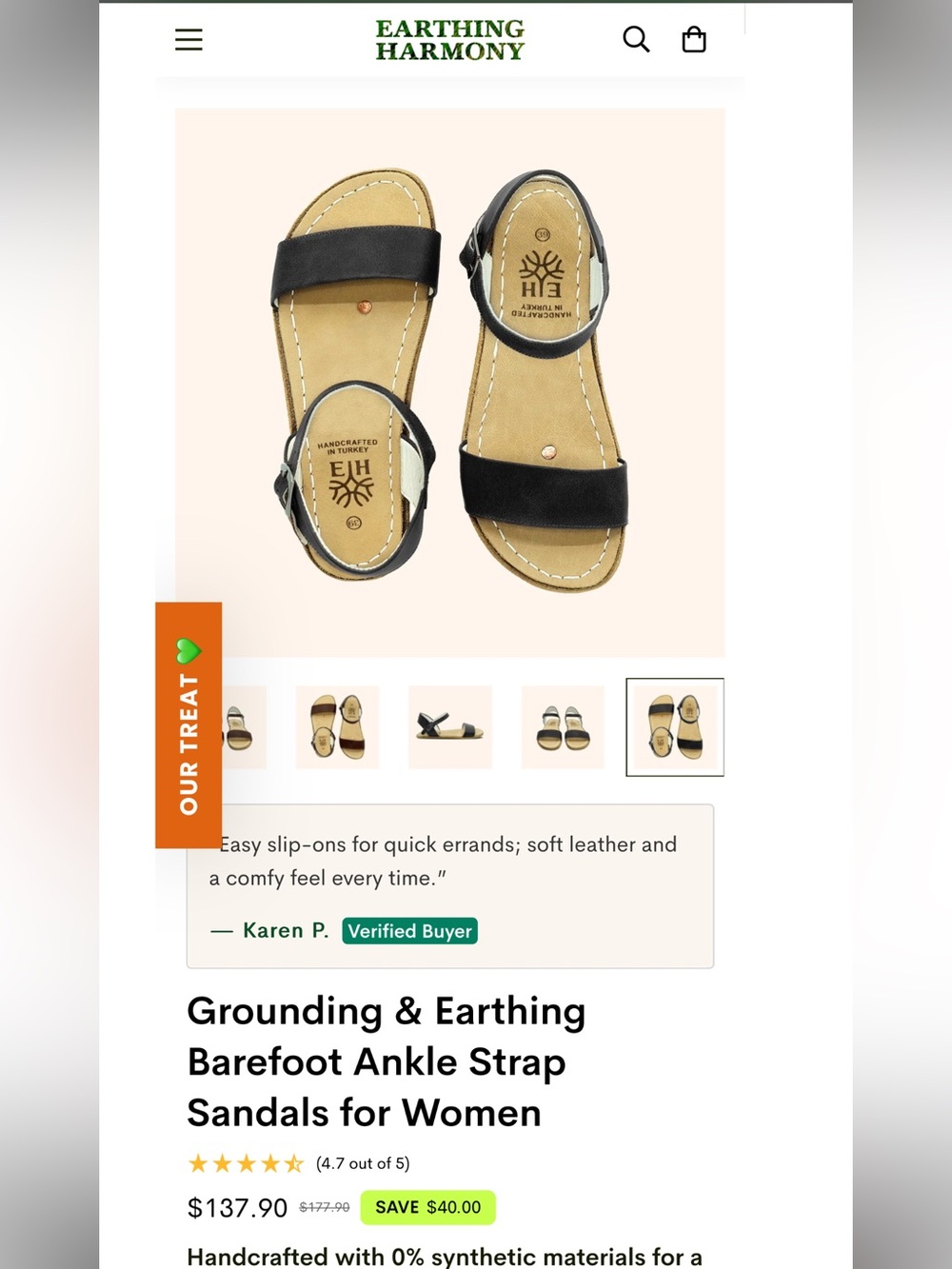 Earthing Harmony Grounding Black Leather Sandals (size W10-10.5, M8-8.5, EU42)
